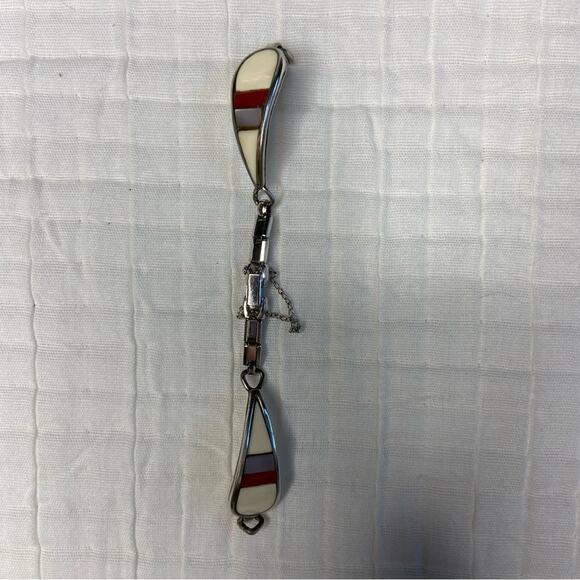 Sterling silver Zuni inlaid watch band old pawn mother of pearl coral and bone - Picture 4 of 7